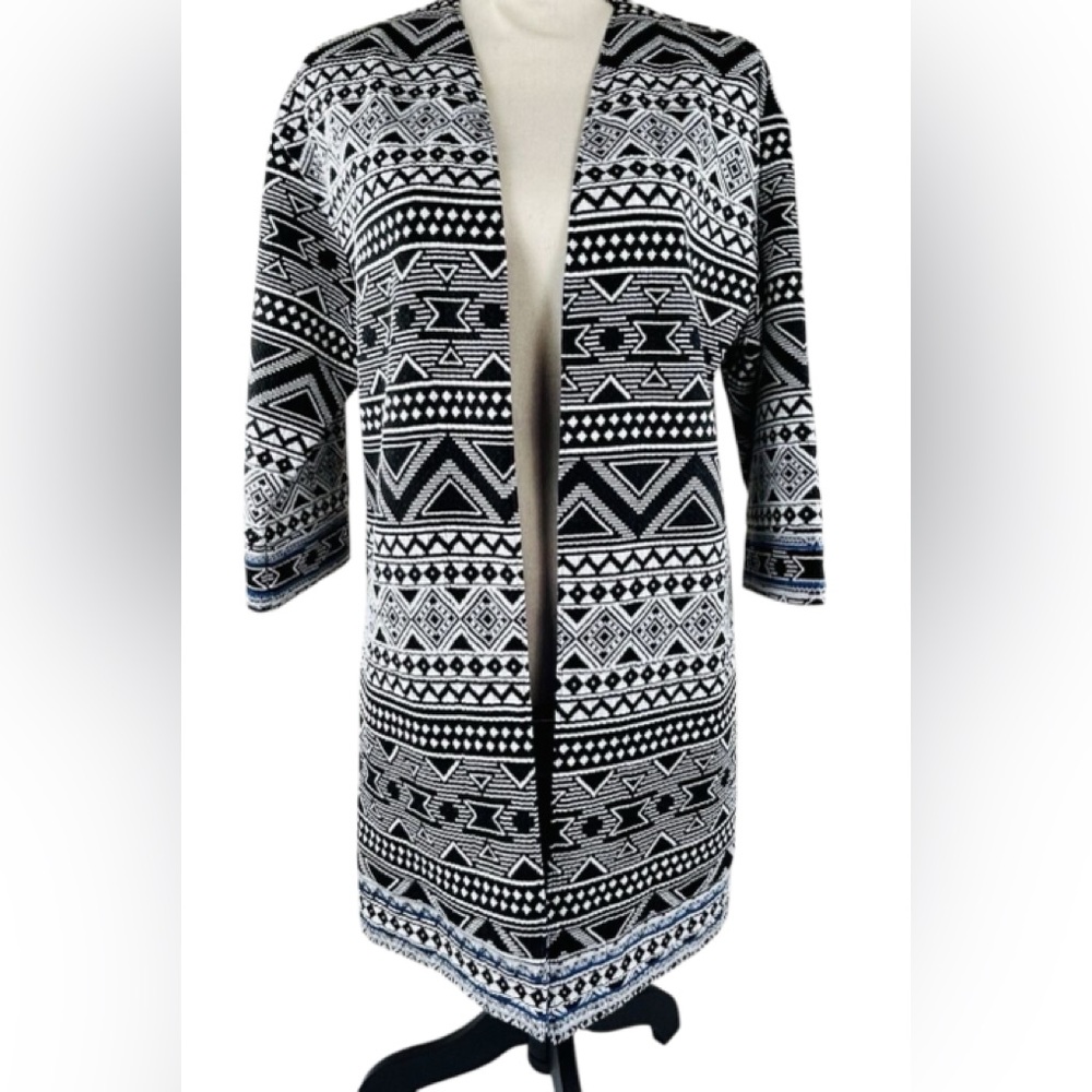 JONI B Black White Geometric Aztec Abstract Duster Long Open Jacket Size M